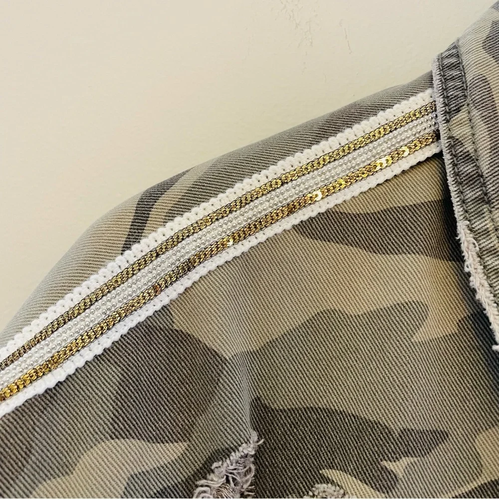 Zara Camo Denim Utility Distressed Oversized Jacket with Sequins Small Unisex - Picture 6 of 10